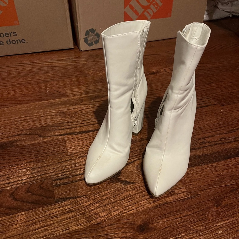 Block Heel White Ankle Boots, Size 8